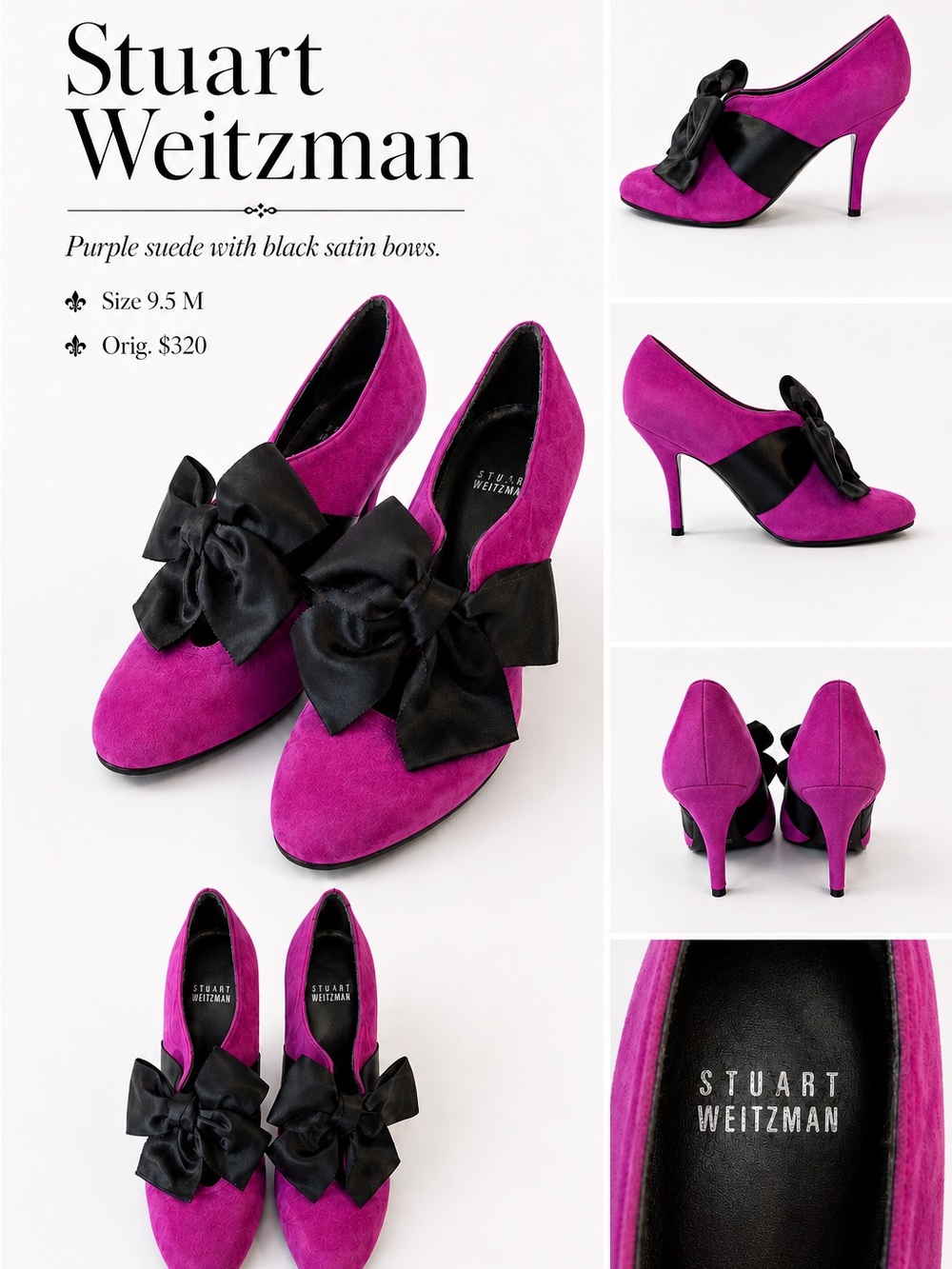 Stuart Weitzman Magenta Suede Pumps with Black Satin Bow